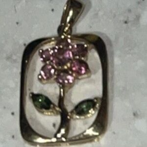 QVC 14K IMPERIAL Gold Floral Pendant with Pink Stones and Green Leaves
